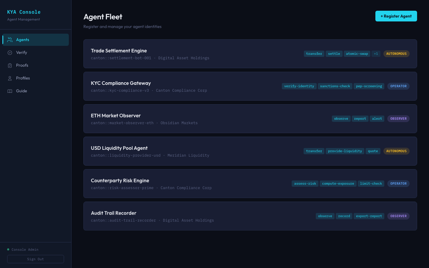KYA Agent Fleet showing registered agents with capabilities