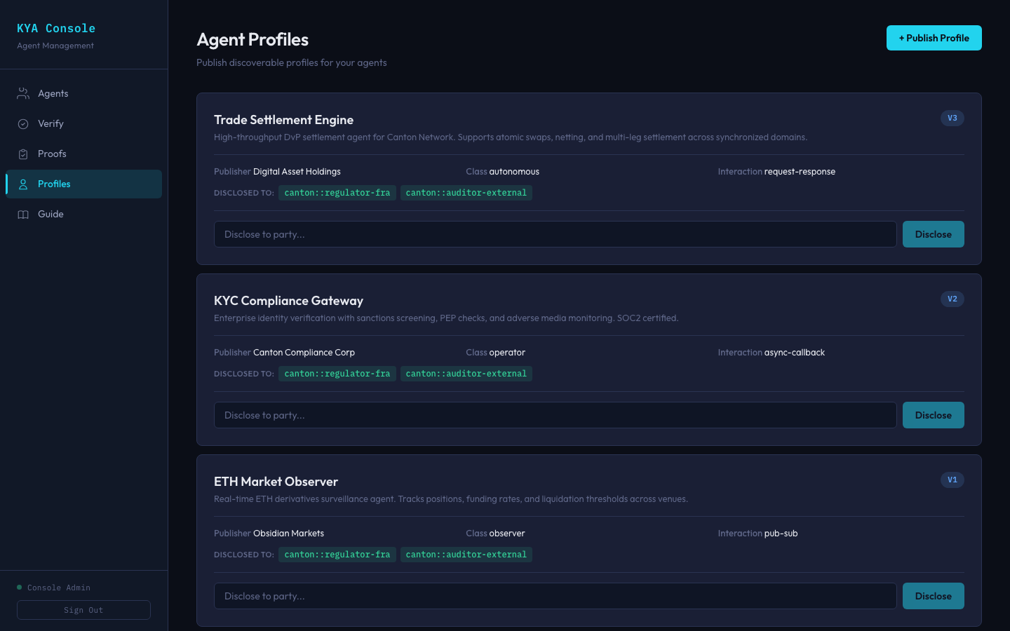 KYA Agent Profiles with selective disclosure controls