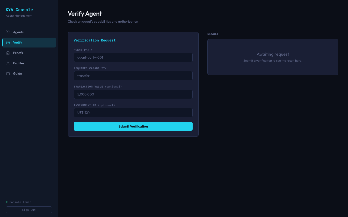 KYA Verify Agent form for checking capabilities and authorization